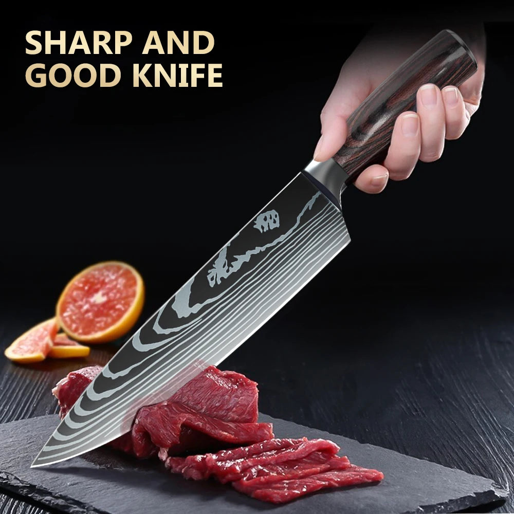 MDHAND 1-10PCS Chef knife Japanese Kitchen Knives Set Professional Laser Damascus Pattern Stainless Steel Cleaver Slicer Knife