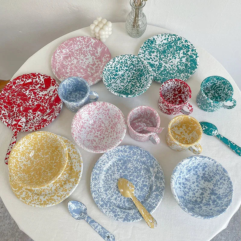 European Enamel Dinner Plate Set Retro Splash Ink Home Dishes and Plates Sets Creative Living Room Desktop Fruit Salad Dish