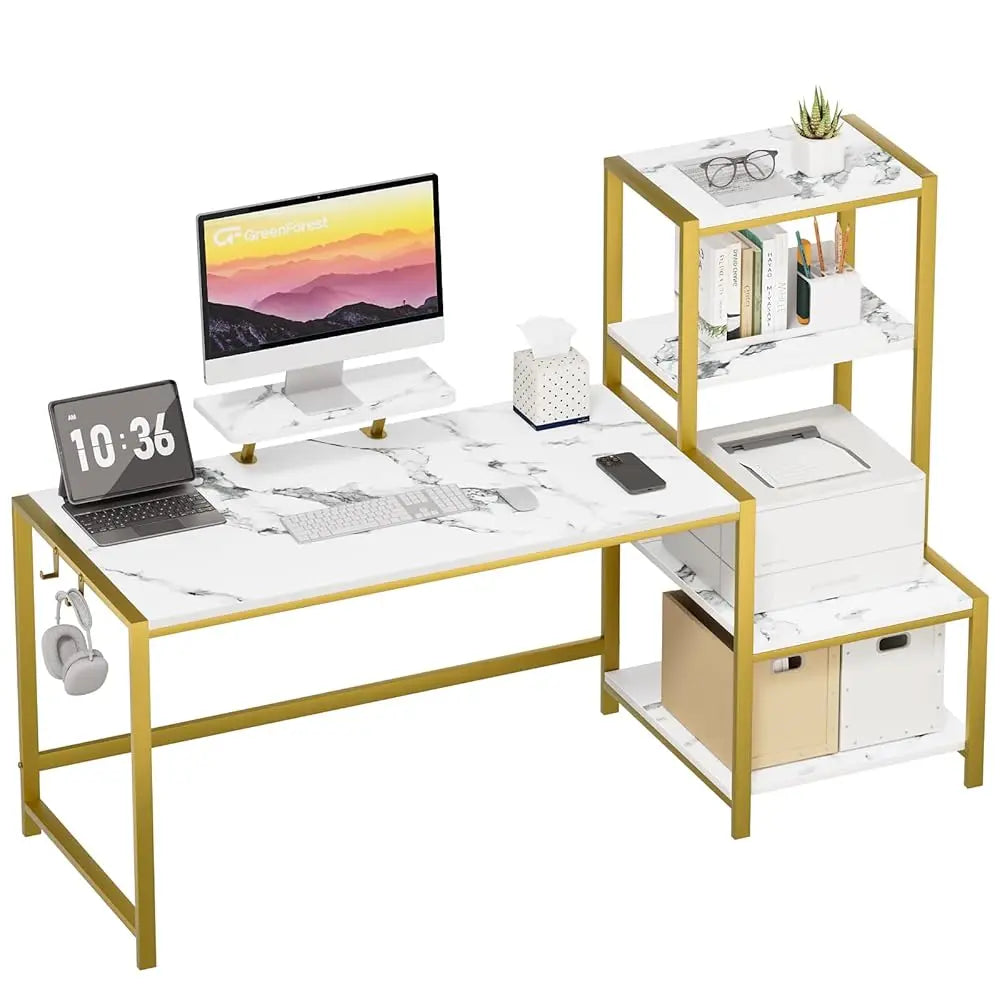 Computer Desk 67 H With Printer Shelf, Reversible Office Desk With Monitor Stand And 2 Hooks, Home Desk Workstation For Study