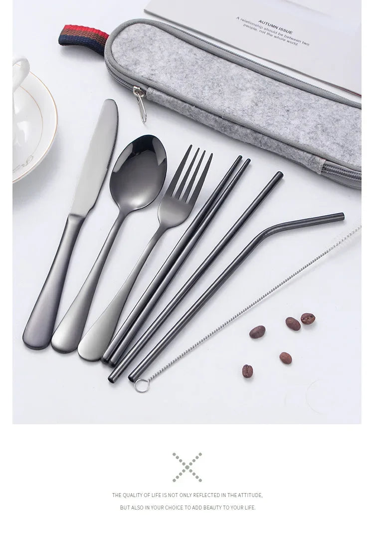 8 Pieces Cutlery Set, Stainless Steel Western Tableware, Classic Dinner Set, Knife, Fork, Straw, Restaurant Dining Dinnerware