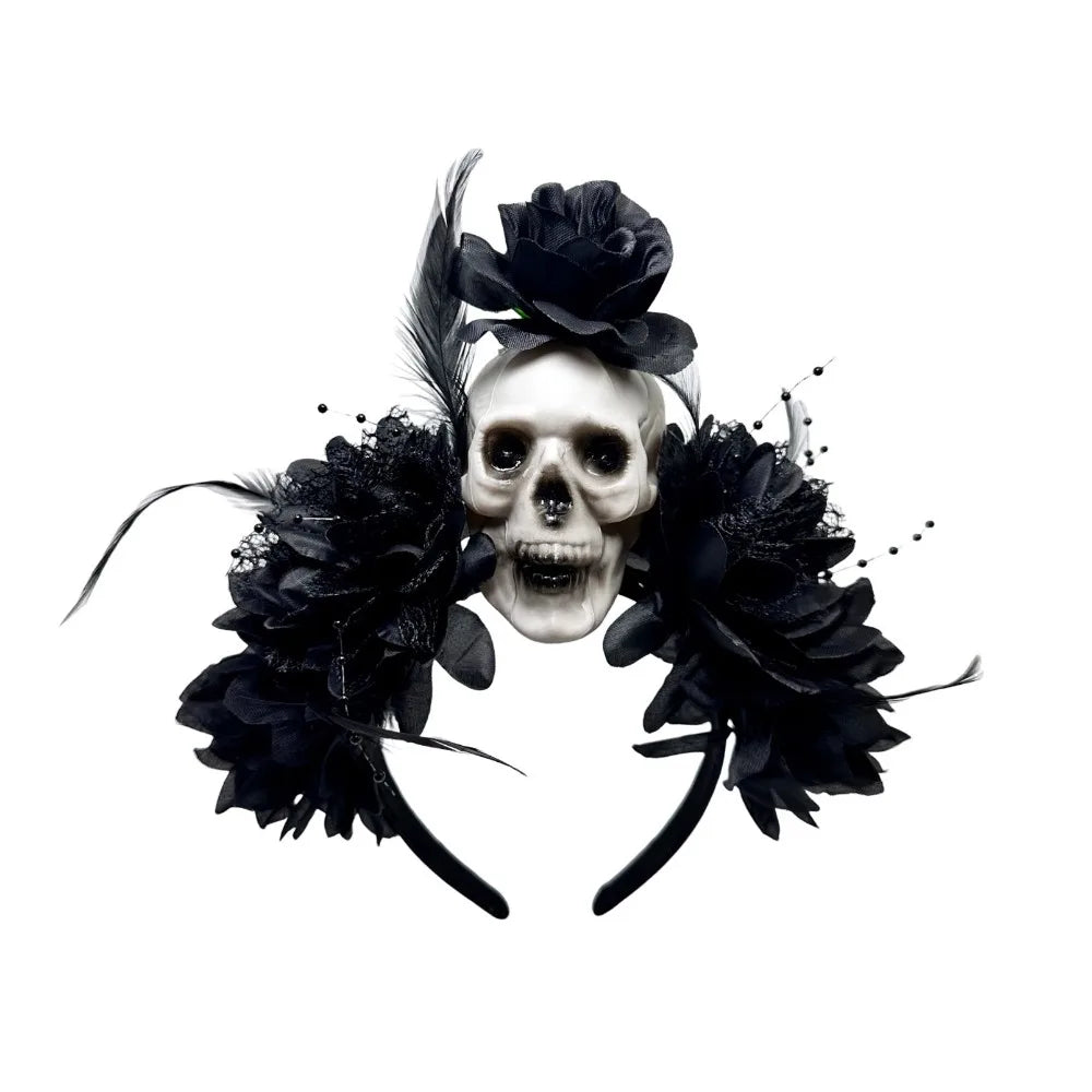 Dark Skull Head Headband Halloween Decor Bat Halloween Skull Headband Simulation Flowers Gothic Day of The Dead Headband Party