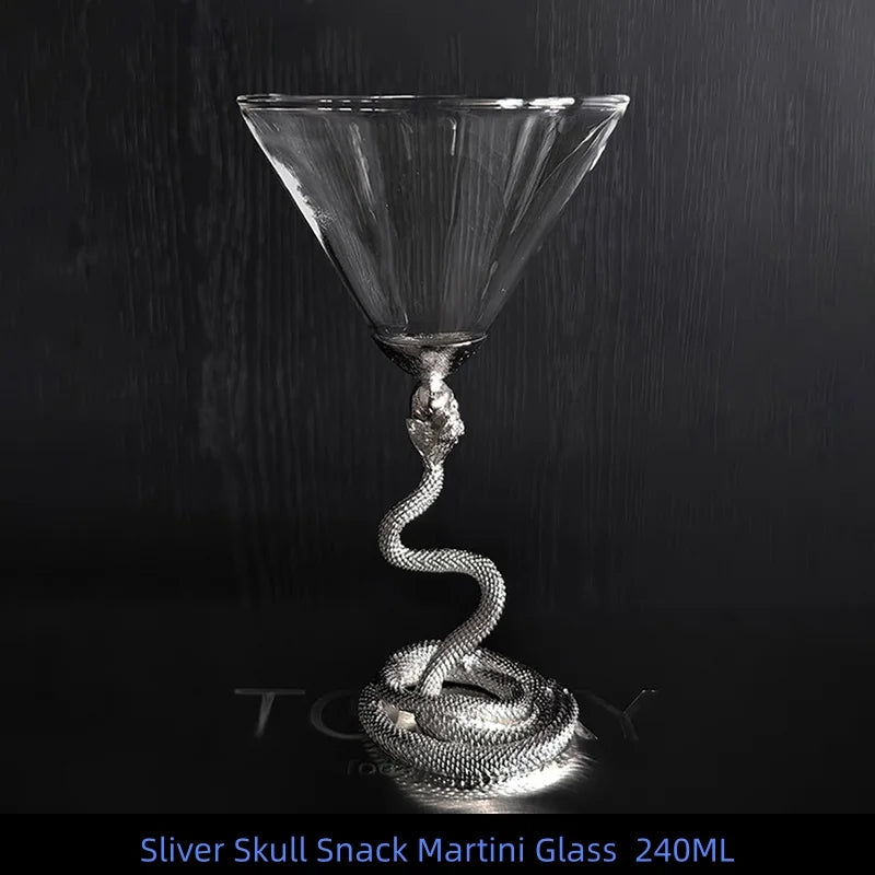 Black Snake Martini Glass, Silver Snake Wine Glass Creative Gothic Cocktail Martini Goblet Drinking Cup for Bar Party Home Decor
