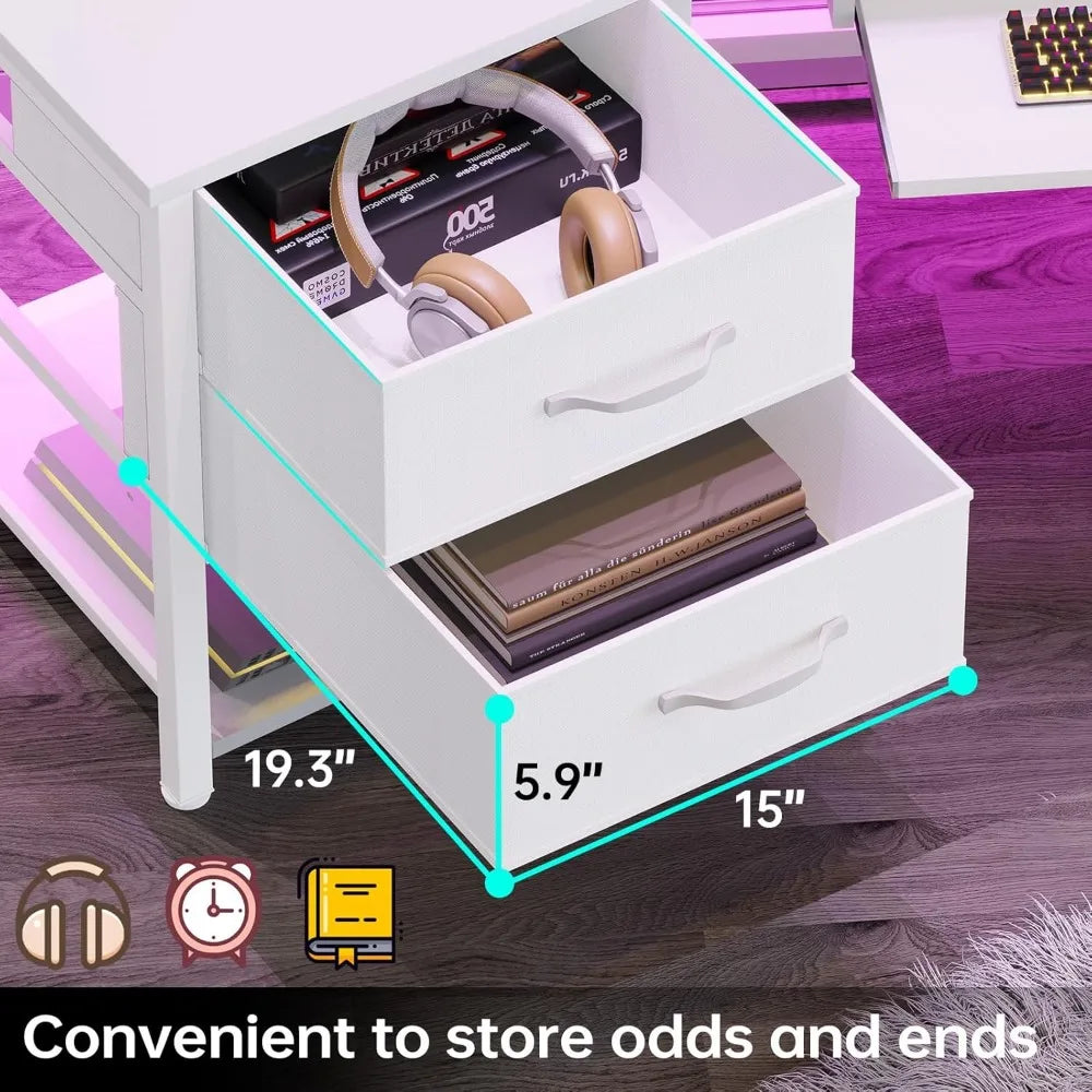 79" Gaming Desk, Computer Desk with 2 Fabric Drawers & LED Light, White Small Desk with Storage for Home Office, Carbon Fiber W