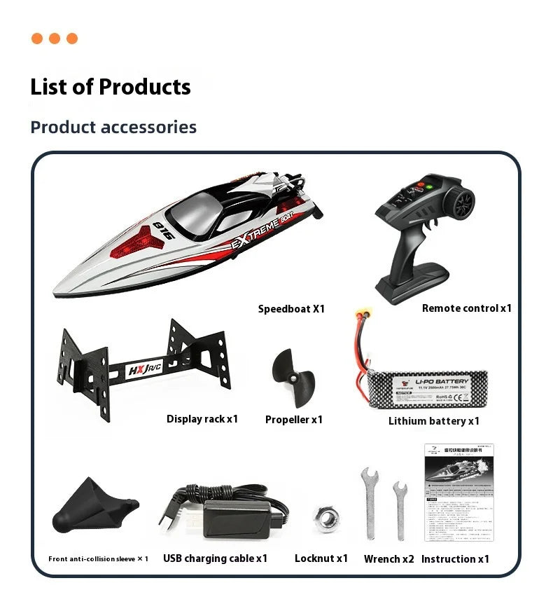 Hxjrc HJ816 High-Speed RC Boat 2.4G 55km/h Brushless Motor LED Light Speedboat Waterproof Electric Racing Model Toy