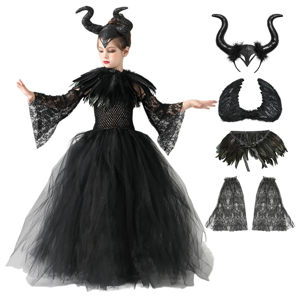 Carnival Costume Maleficent Tutu Girls Cosplay Evil Queen Black Mesh Princess Dress Children's Raven Wand Demonic Witch Dress