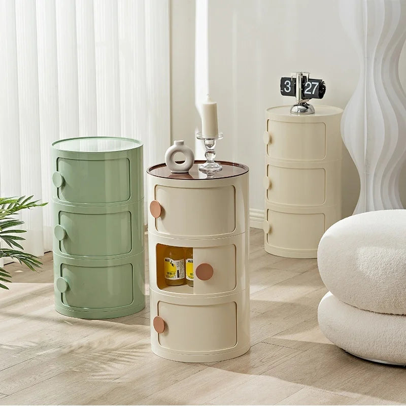Household Nordic Bedside Table with Handle Portable Creative Round Storage Cabinet Bedroom Multi-Layer Modern Simple Plastic Sid