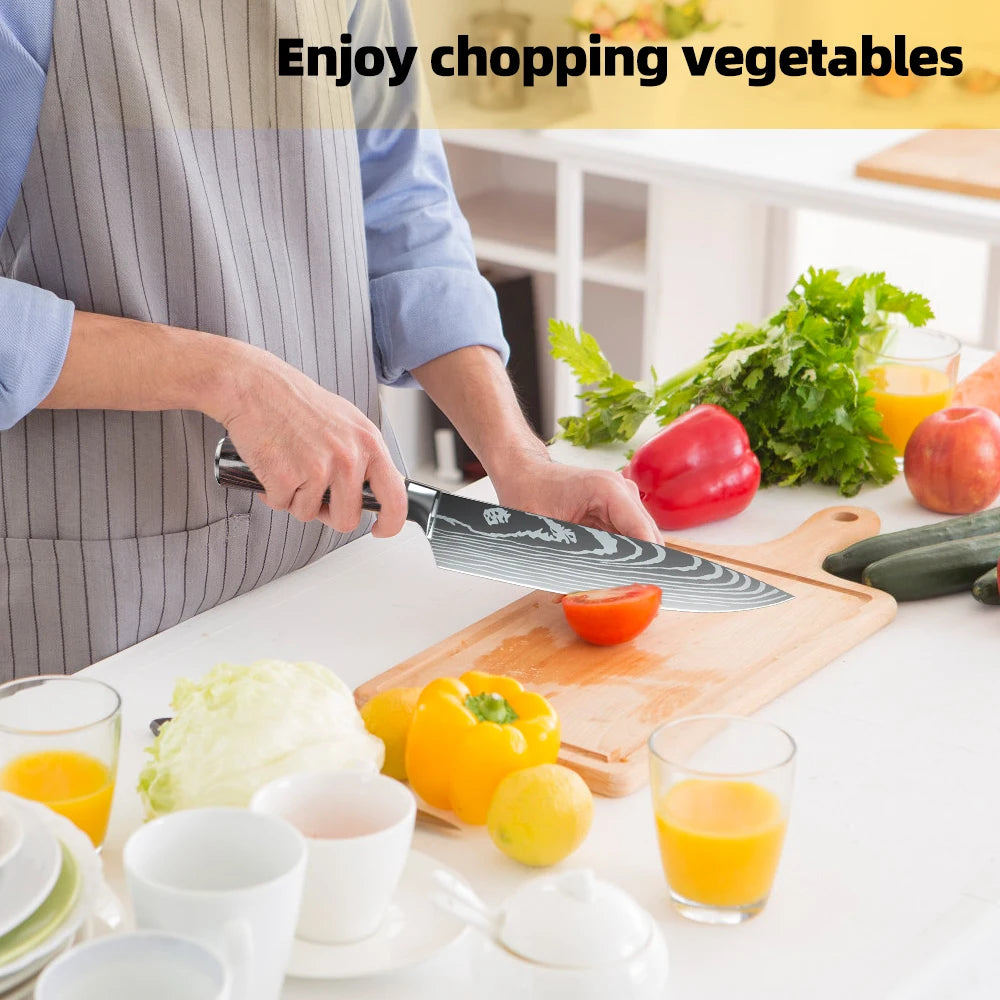 MDHAND 1-10PCS Chef knife Japanese Kitchen Knives Set Professional Laser Damascus Pattern Stainless Steel Cleaver Slicer Knife