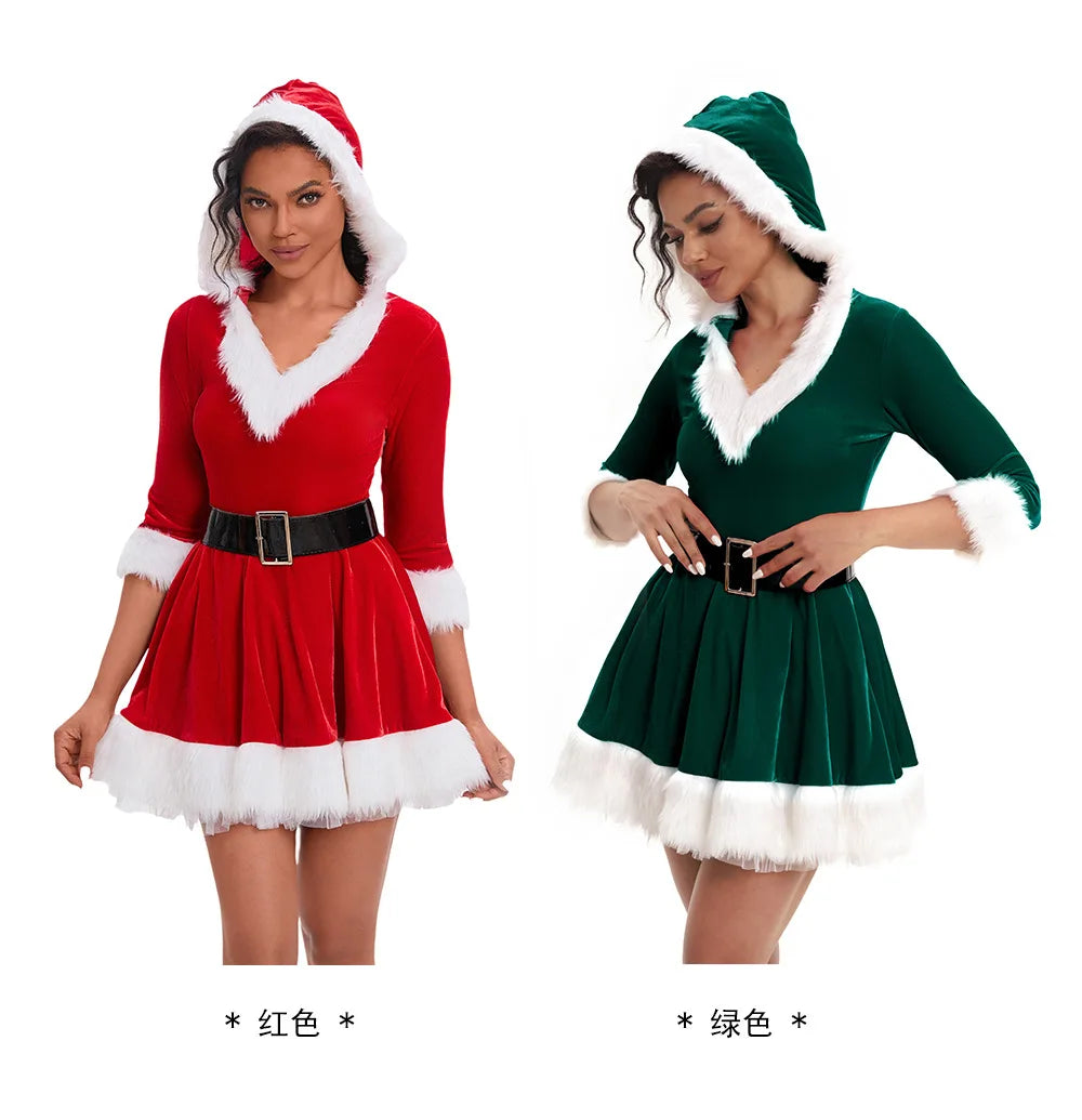 New Fashion Women Half Sleeve Solid Popular Ladies Santa Claus Xmas Theme Costume Cosplay Outfit Waistbelt Fancy Christmas Dress