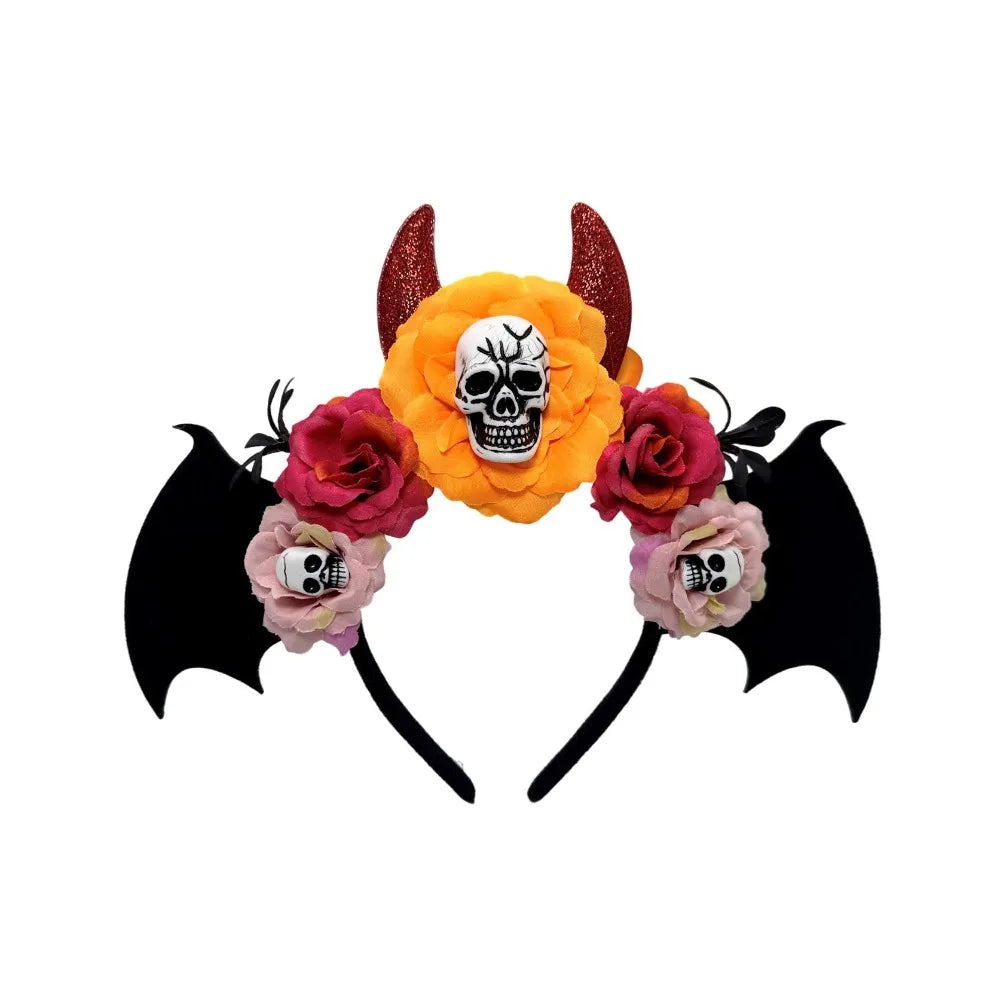 Gothic Skull Head Hair Hoop Simulation Flowers Bat Halloween Skull Headband Dark Decor Day of The Dead Hairband Girls/Children
