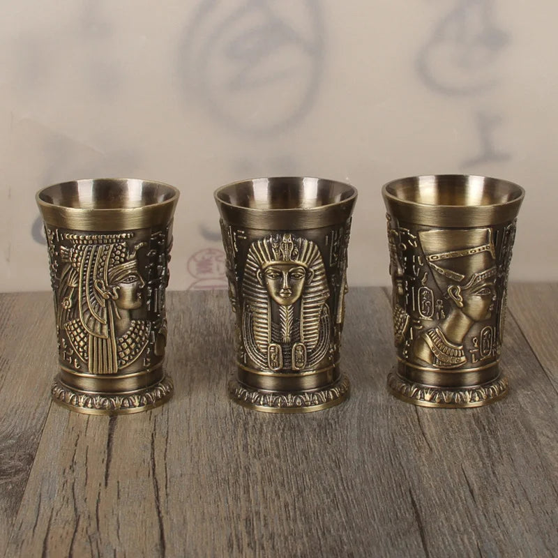 3 Pcs Lot Bronze Shot Glass Retro Egypt Small Wine Tasting Glasses 3D Relief Rameses Metal Baijiu Cup Liquor Spirits Soju Cups