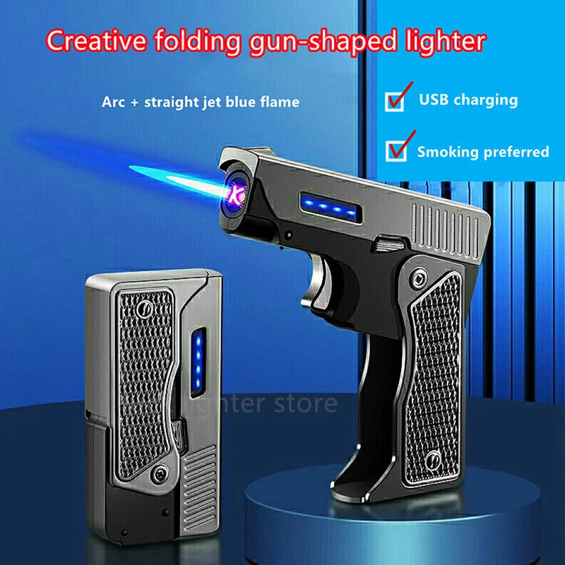 Gas-Electric Dual-Purpose Lighter Windproof Jet Lighter Double-Arc Cigarette Lighter Foldable Gun-Type Lighter Men'S Gadget Gift