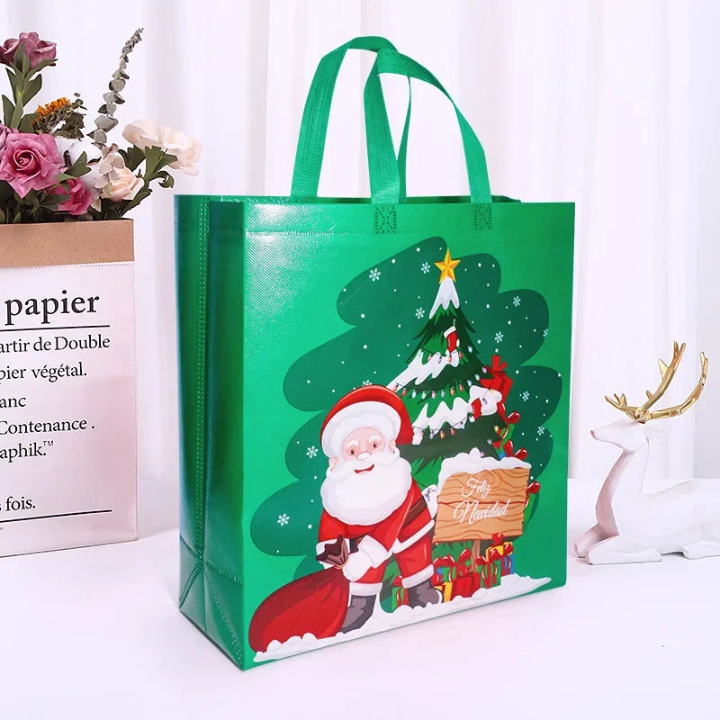 1PC New in Christmas Gift Bags Cartoon Cute Print Santa Elk Snowman Printing Non Woven Foldable Storage Handbag Party Supplies