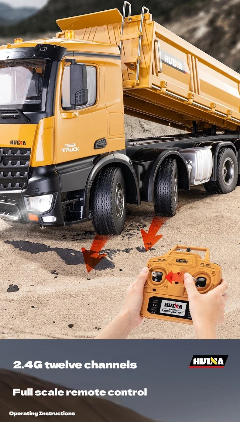 Huina 1536 1/14 Semi Alloy Transport Eight Wheeled Dump Truck With Sound And Light Remote Control Engineering Vehicle Toy Gift