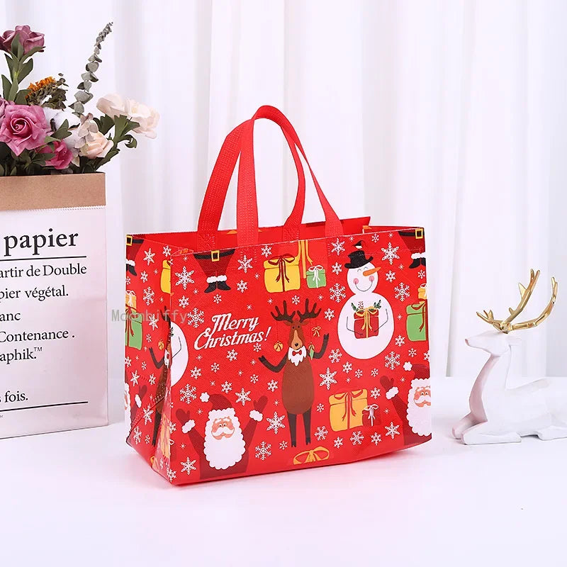 1PC New in Christmas Gift Bags Cartoon Cute Print Santa Elk Snowman Printing Non Woven Foldable Storage Handbag Party Supplies