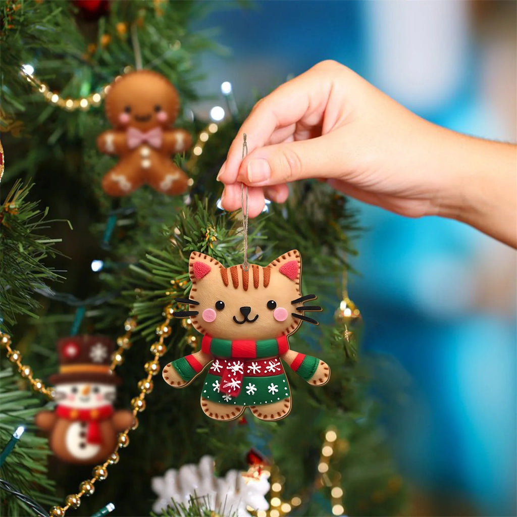 Wooden Christmas Cat Ornaments - Festive 2D Flat Hanging Decorations for Home Office and Holiday Celebrations - Set of 6