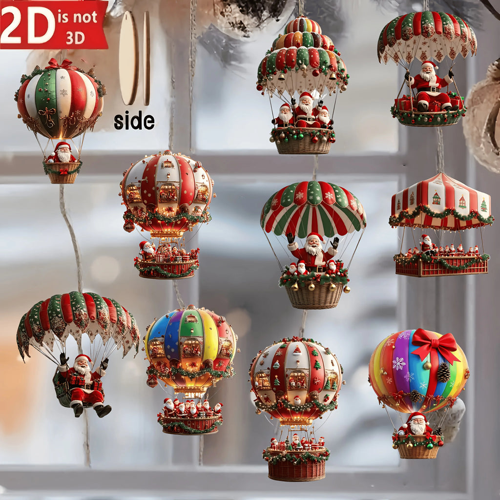 12Pcs Christmas Wooden Hot Air Balloon Santa Claus 2D Flat Wooden Pendant Christmas Tree Decoration Perfect Holiday Gift Decor