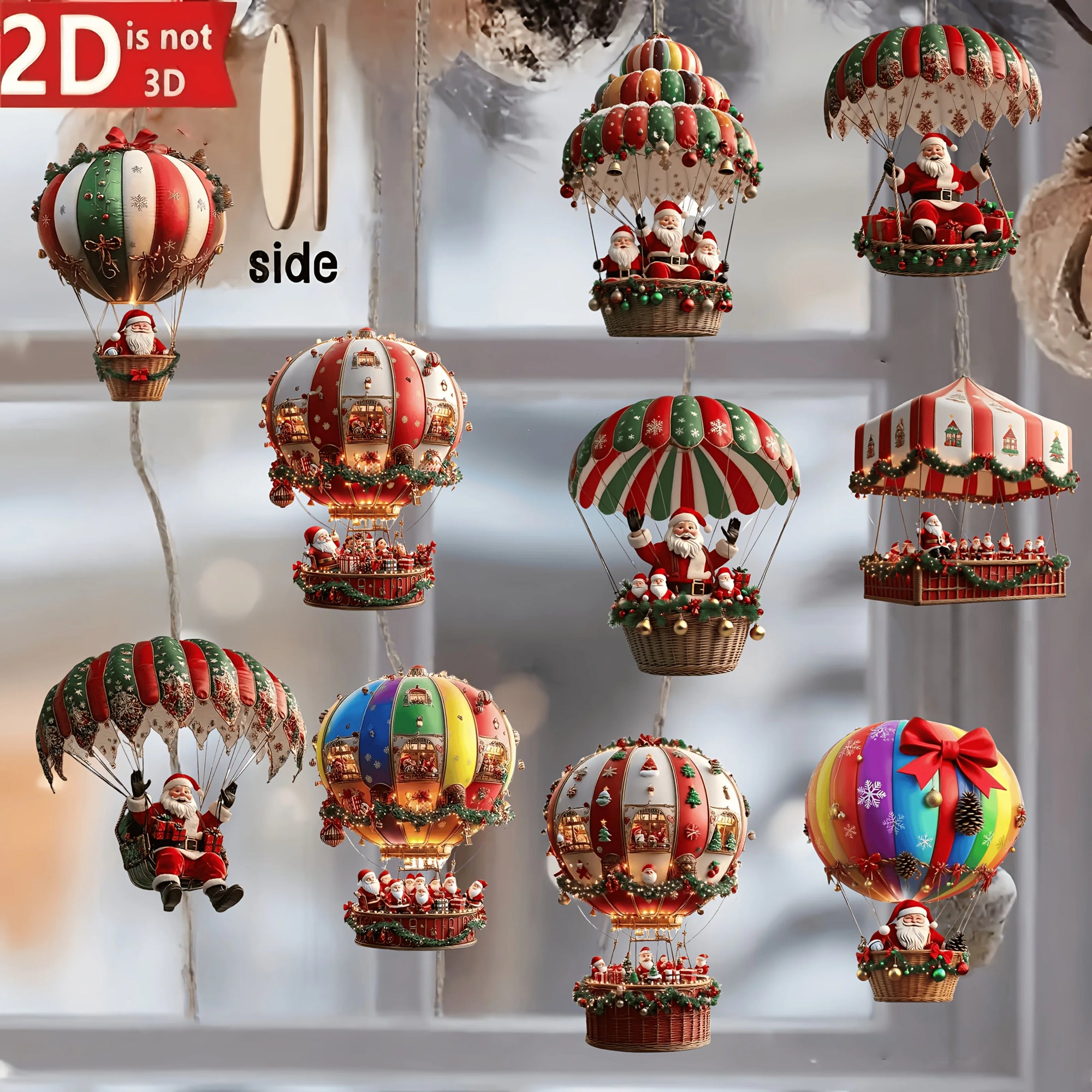 12Pcs Christmas Wooden Hot Air Balloon Santa Claus 2D Flat Wooden Pendant Christmas Tree Decoration Perfect Holiday Gift Decor