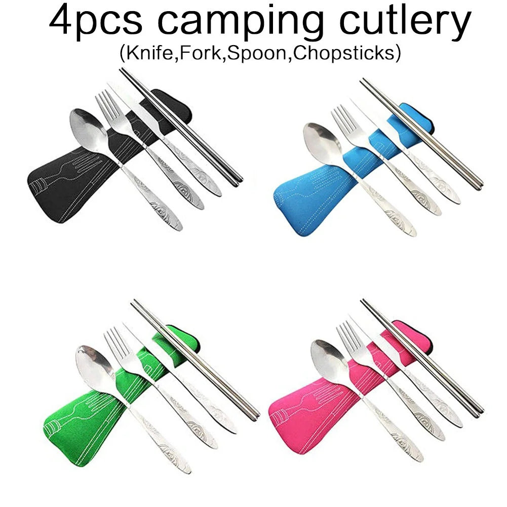 Dinnerware Portable Printed Stainless Steel Spoon Fork Chopsticks Steak Knife Set Travel Cutlery Tableware With Bag  Tableware
