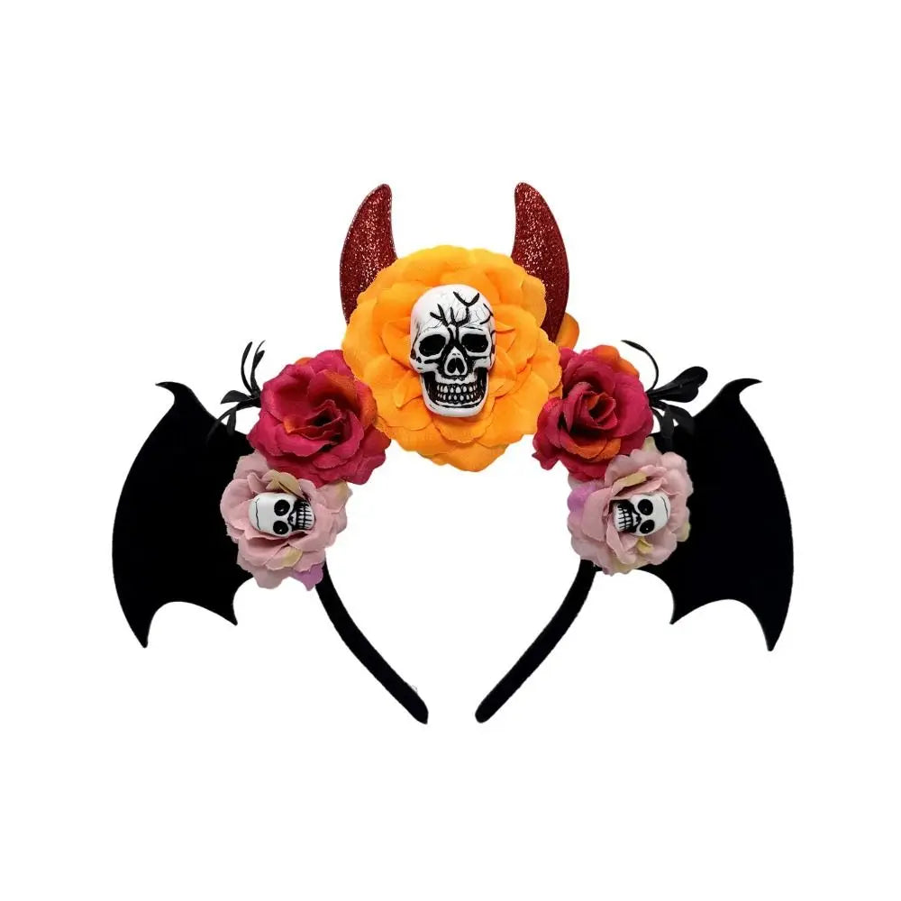Gothic Skull Head Hair Hoop Simulation Flowers Bat Halloween Skull Headband Dark Decor Day of The Dead Hairband Girls/Children