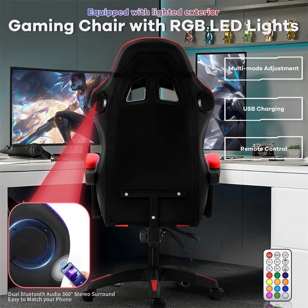 Ergonomic Gaming Chair, Gaming Chair with Speaker & LED Lights, Computer Racing Chair for Adults, PU Leather Office Chair, Red