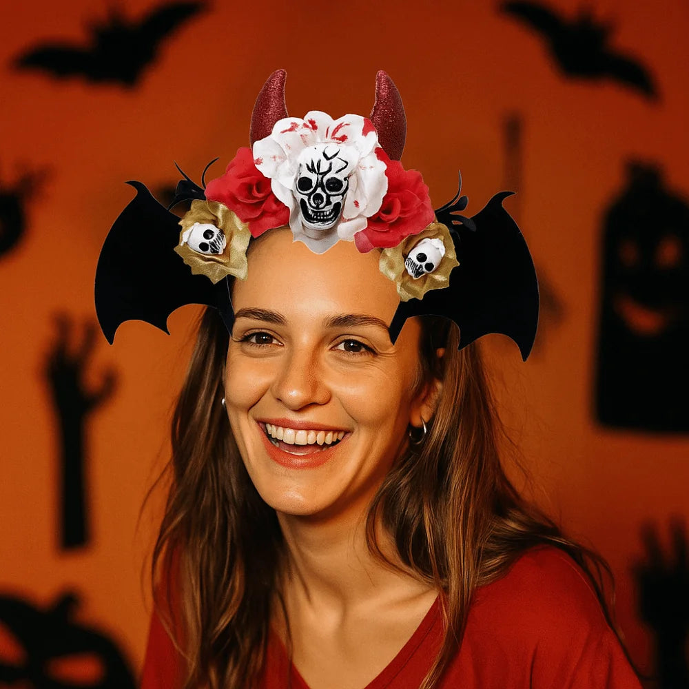 Gothic Skull Head Hair Hoop Simulation Flowers Bat Halloween Skull Headband Dark Decor Day of The Dead Hairband Girls/Children