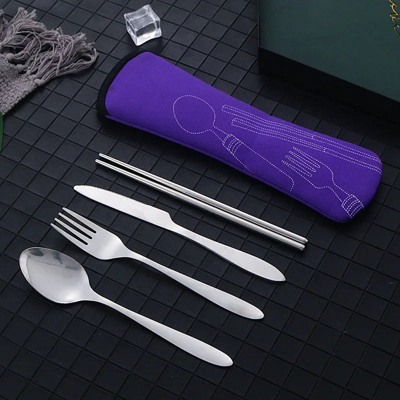 4Pcs Set Stainless Steel Dinnerware Portable Knifes Fork Spoon Family Camping Steak Cutlery Set Tableware with Bag Vajilla
