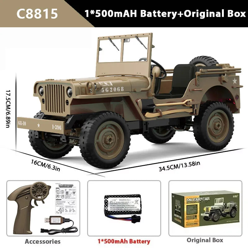 C8815 1/10 WILLYS 2.4G Rc Car 1941 4WD RTR Crawler Climbing Scale Military Truck Offroad Vehicle Adult Toys Gift For Kids