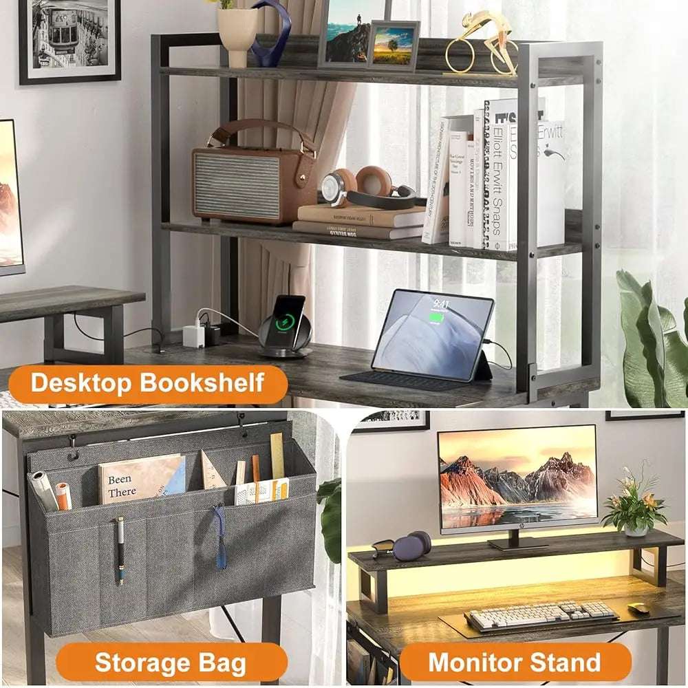L Shaped Computer Desk With Bookshelf, 47 H Reversible Corner Gaming Desk With Charging Station & Led Light, Home Office Desk