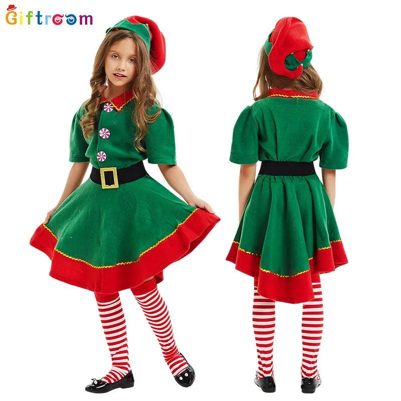 2025Children and adults Christmas elf costumes, Santa Claus costume sets, green elves, Halloween cosplay, 2024 new products