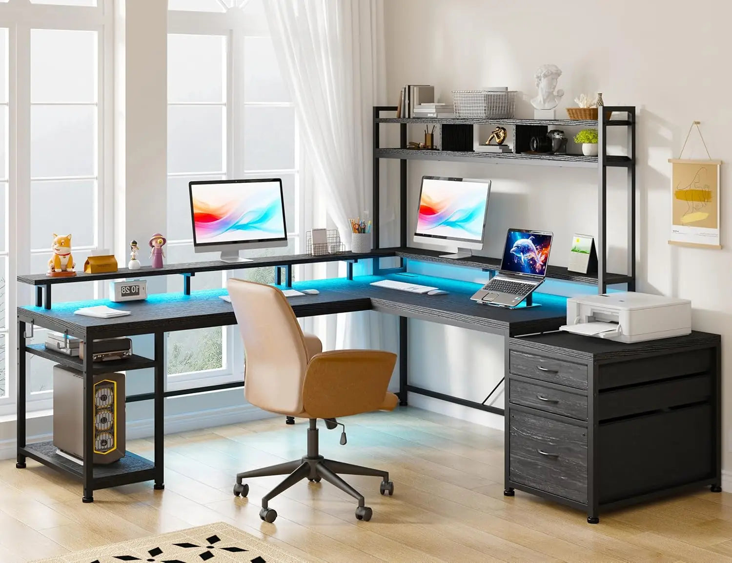 Large L Shaped Gaming Desk with Hutch and Drawers,64" W L Shaped Desk with Storage Shelves,Monitor Stand and LED Light for Home