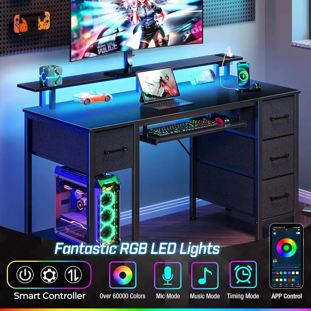 Computer Desk 47.2"" With Led Lights & Power Outlets, Home Office Desk With 4 Drawers, Writing Desk With Keyboard Tray, Study