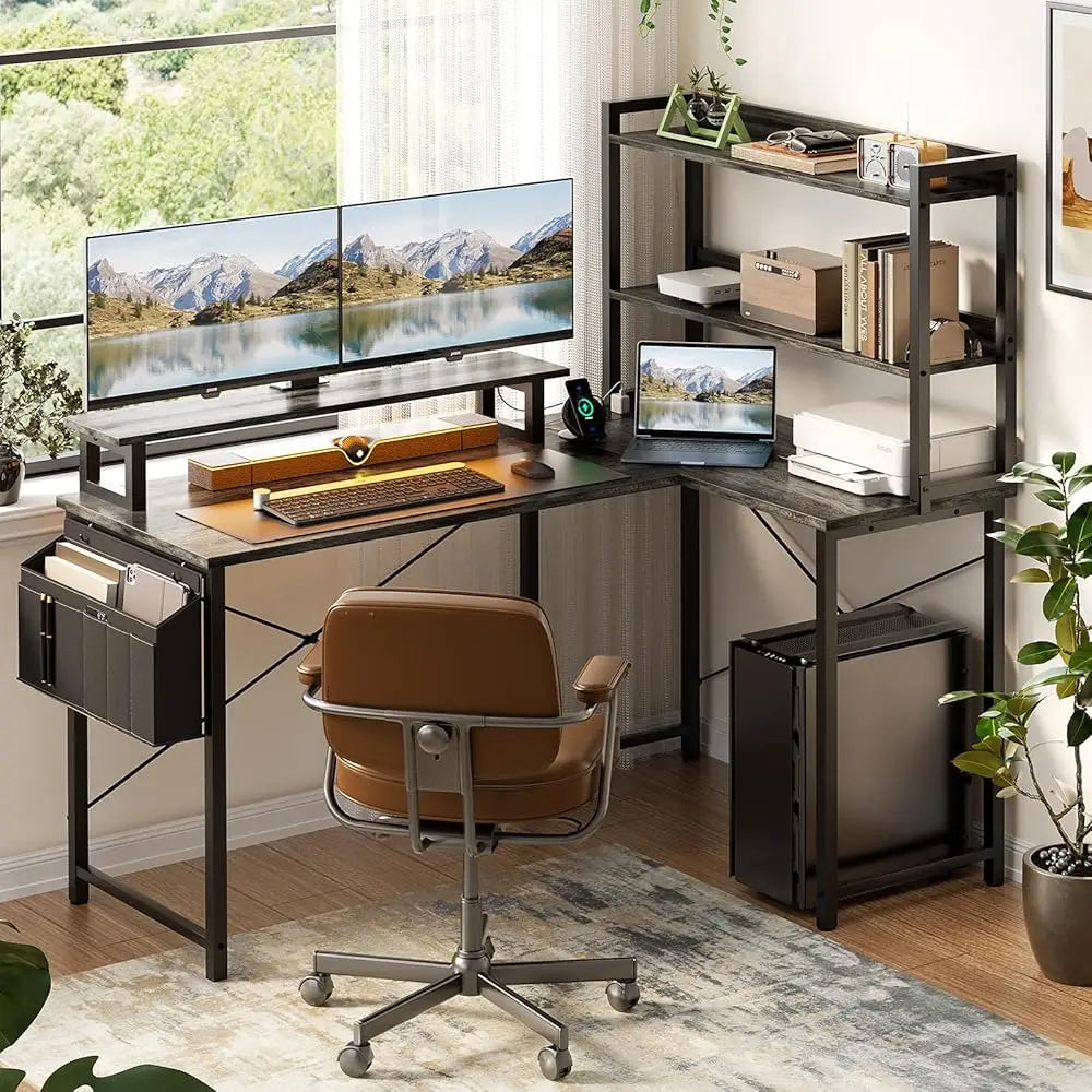 L Shaped Computer Desk With Bookshelf, 47 H Reversible Corner Gaming Desk With Charging Station & Led Light, Home Office Desk