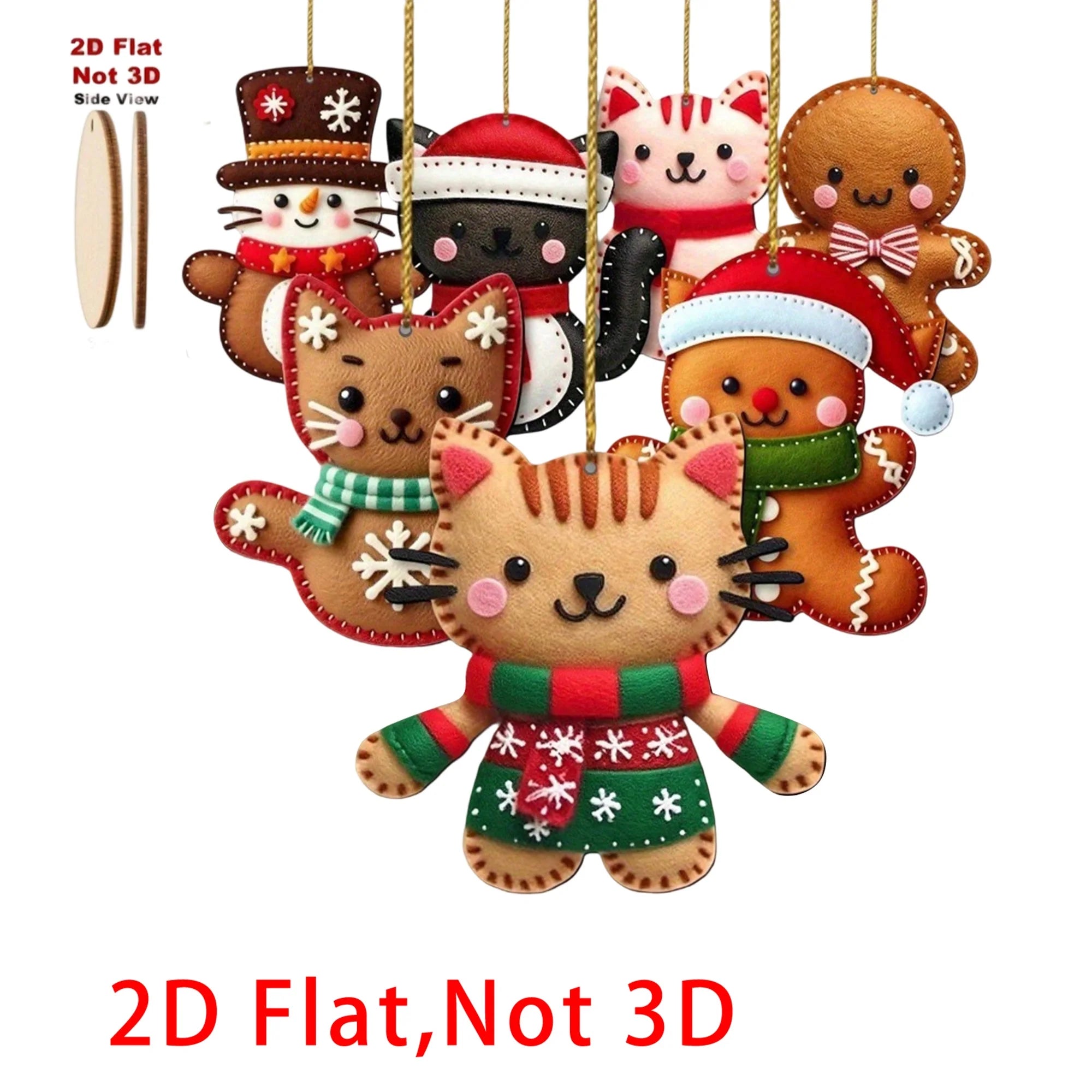Wooden Christmas Cat Ornaments - Festive 2D Flat Hanging Decorations for Home Office and Holiday Celebrations - Set of 6