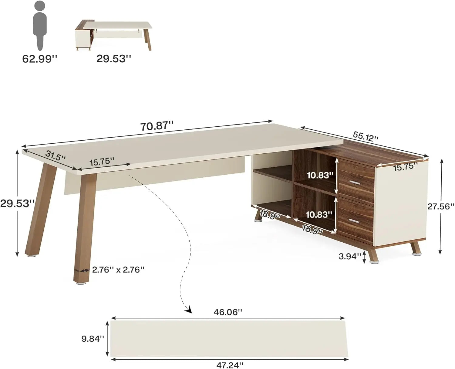78.7-Inch Executive Desk, L-Shaped Desk with 55-Inch Cabinet, Large Office Desk with Storage Shelves, Modern Computer Desk for