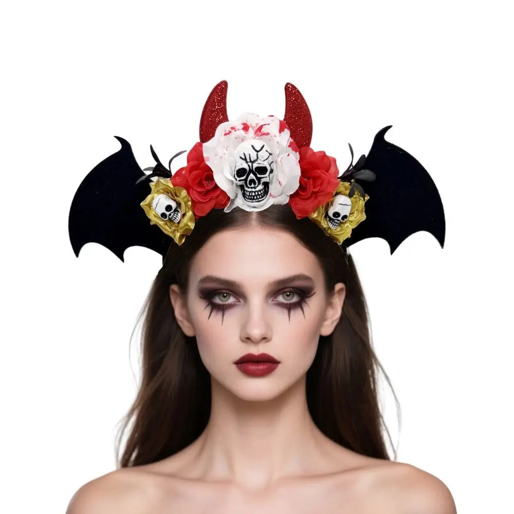Gothic Skull Head Hair Hoop Simulation Flowers Bat Halloween Skull Headband Dark Decor Day of The Dead Hairband Girls/Children
