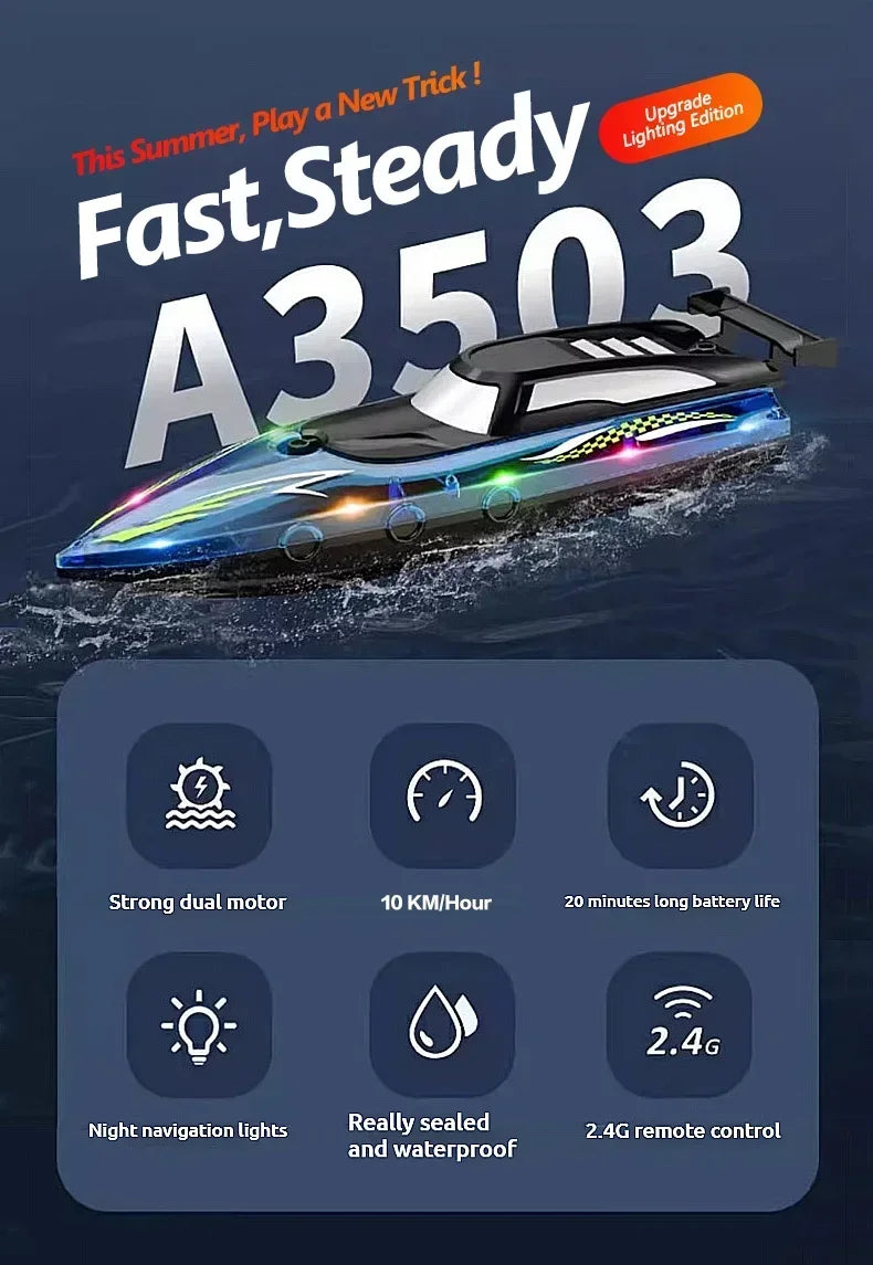 RC Boat with LED Light, 2.4GHz Full Proportional Remote Control Boat for Pool & Lake – 30 Min Run Time,Kids Toys & Birthday Gift