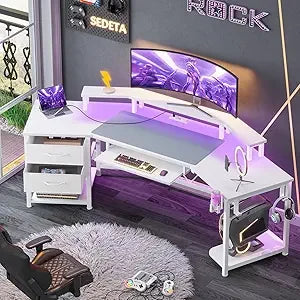 79" Gaming Desk, Computer Desk with 2 Fabric Drawers & LED Light, White Small Desk with Storage for Home Office, Carbon Fiber W