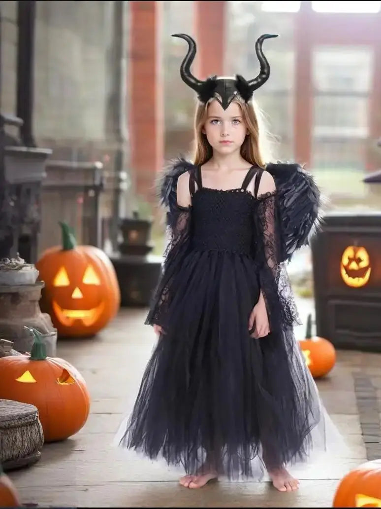 Carnival Costume Maleficent Tutu Girls Cosplay Evil Queen Black Mesh Princess Dress Children's Raven Wand Demonic Witch Dress