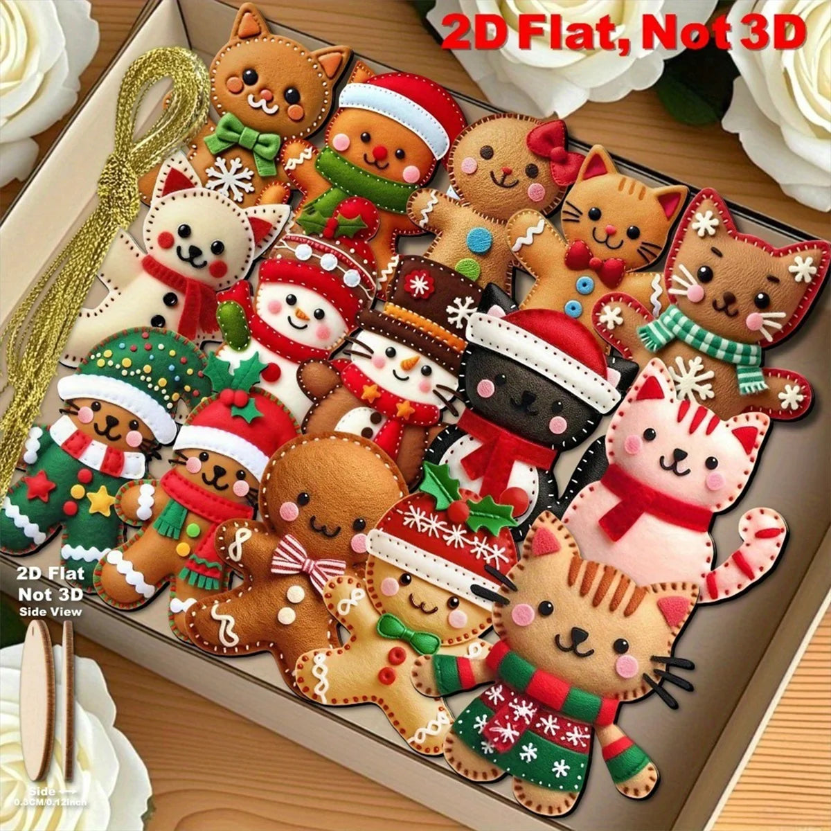 Wooden Christmas Cat Ornaments - Festive 2D Flat Hanging Decorations for Home Office and Holiday Celebrations - Set of 6
