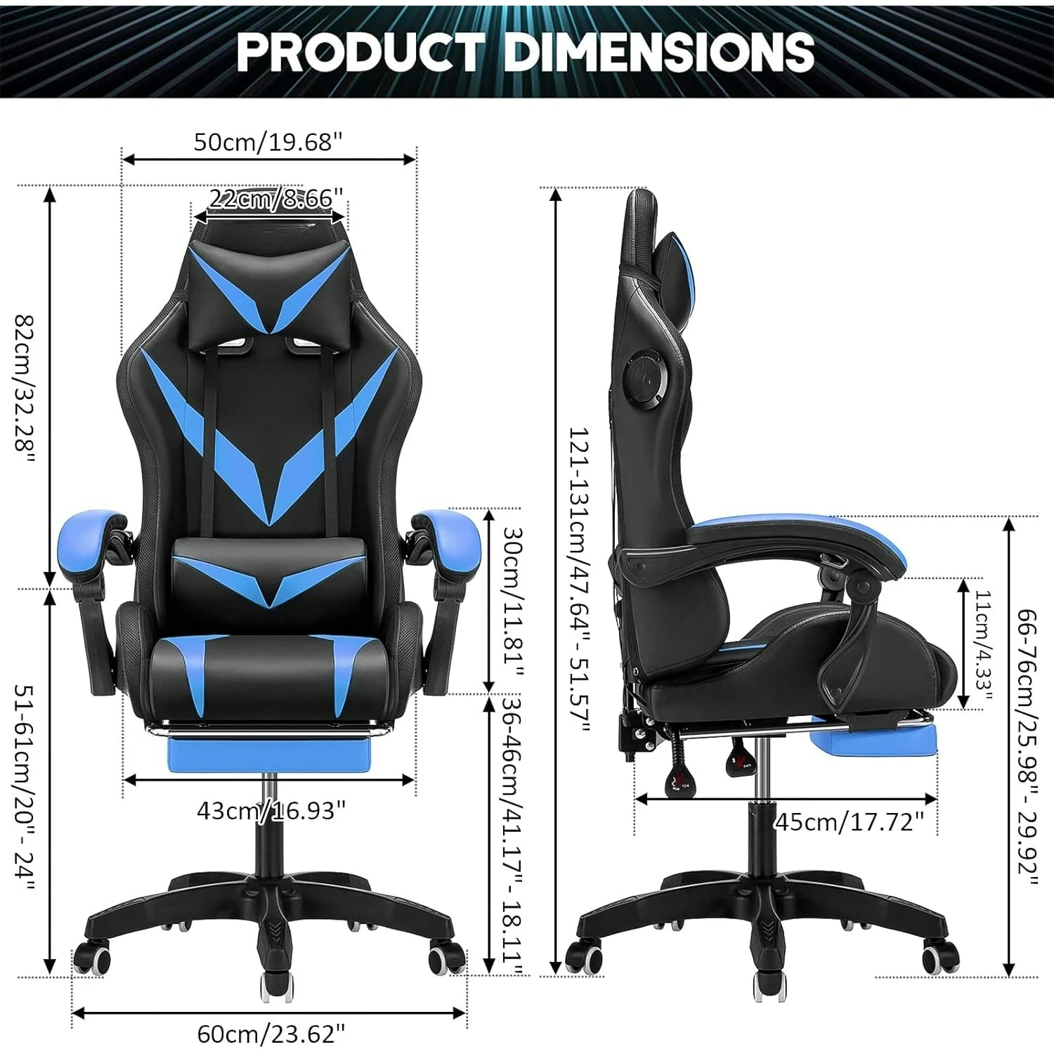Gaming Chair with Bluetooth Speakers and RGB LED Lights Ergonomic Massage Computer Gaming Chair  Blue and Black