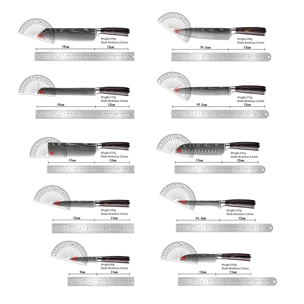 MDHAND 1-10PCS Chef knife Japanese Kitchen Knives Set Professional Laser Damascus Pattern Stainless Steel Cleaver Slicer Knife