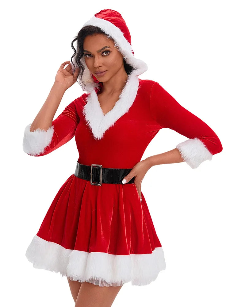New Fashion Women Half Sleeve Solid Popular Ladies Santa Claus Xmas Theme Costume Cosplay Outfit Waistbelt Fancy Christmas Dress