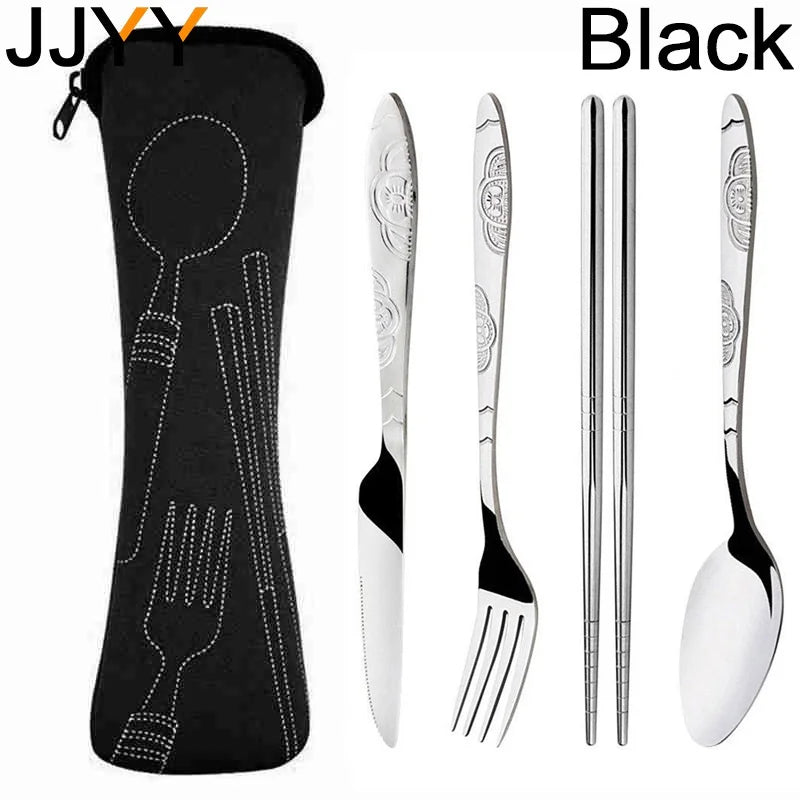 JJYY 4Pcs/3Pcs Set Dinnerware Portable Printed Knifes Fork Spoon Stainless Steel Family Camping Steak Cutlery Tableware with Bag