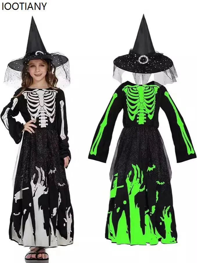 Halloween Skeleton Death Cosplay Costume Kids Horror Death Phantom Luminous Dress Up Girls Carnival Theme Party Terror Costumes
