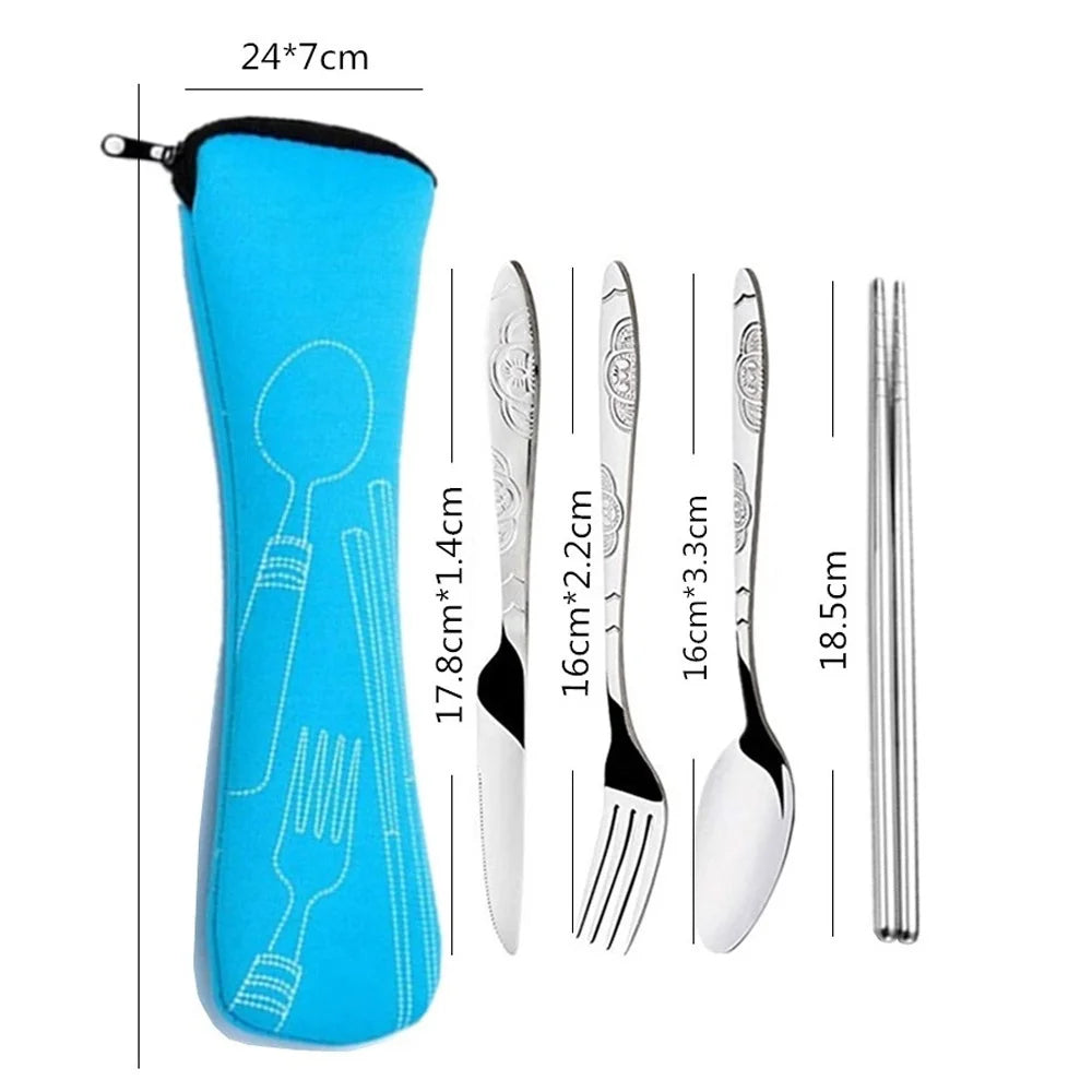 Dinnerware Portable Printed Stainless Steel Spoon Fork Chopsticks Steak Knife Set Travel Cutlery Tableware With Bag  Tableware