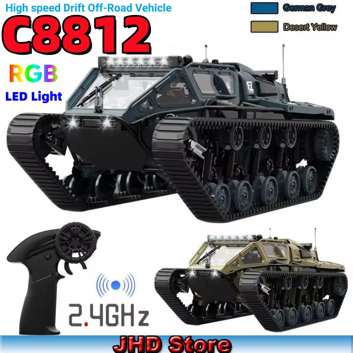 JHD Car For JJRC C8812 2.4G Full Scale Tracked Tank RC Car Model 360 Degree Rotation Drift Remote Control Off-Road Vehicle