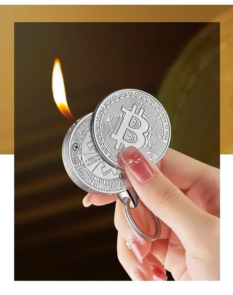 Bitcoin Torch Lighter Virtual Commemorative Coin Pendant Lighter Refillable Butane Gas Lighter Portable Cigarette Accessory