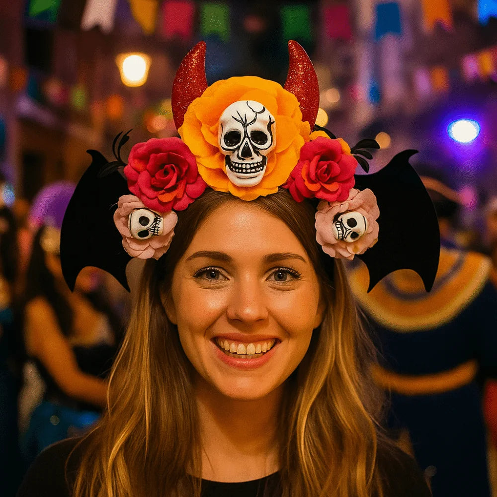 Gothic Skull Head Hair Hoop Simulation Flowers Bat Halloween Skull Headband Dark Decor Day of The Dead Hairband Girls/Children