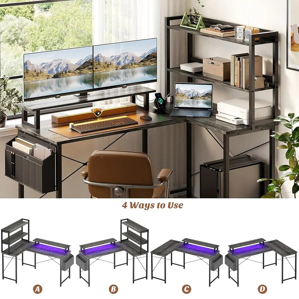 L Shaped Computer Desk With Bookshelf, 47 H Reversible Corner Gaming Desk With Charging Station & Led Light, Home Office Desk