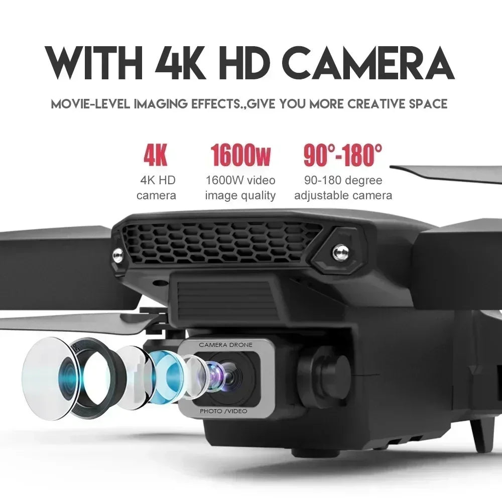 E88 Pro WiFi FPV Drone. Wide-angle HD 4K/1080P camera, height hold, foldable. Ideal RC quadcopter toy for Christmas boys gift.